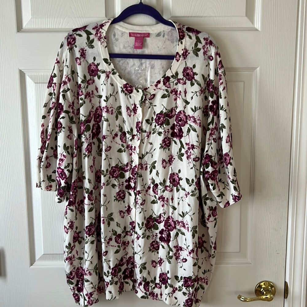 NWOT Woman Within Cardigan Short Sleeve Sweater Cream Purple Pink Flowers, Sz 5X